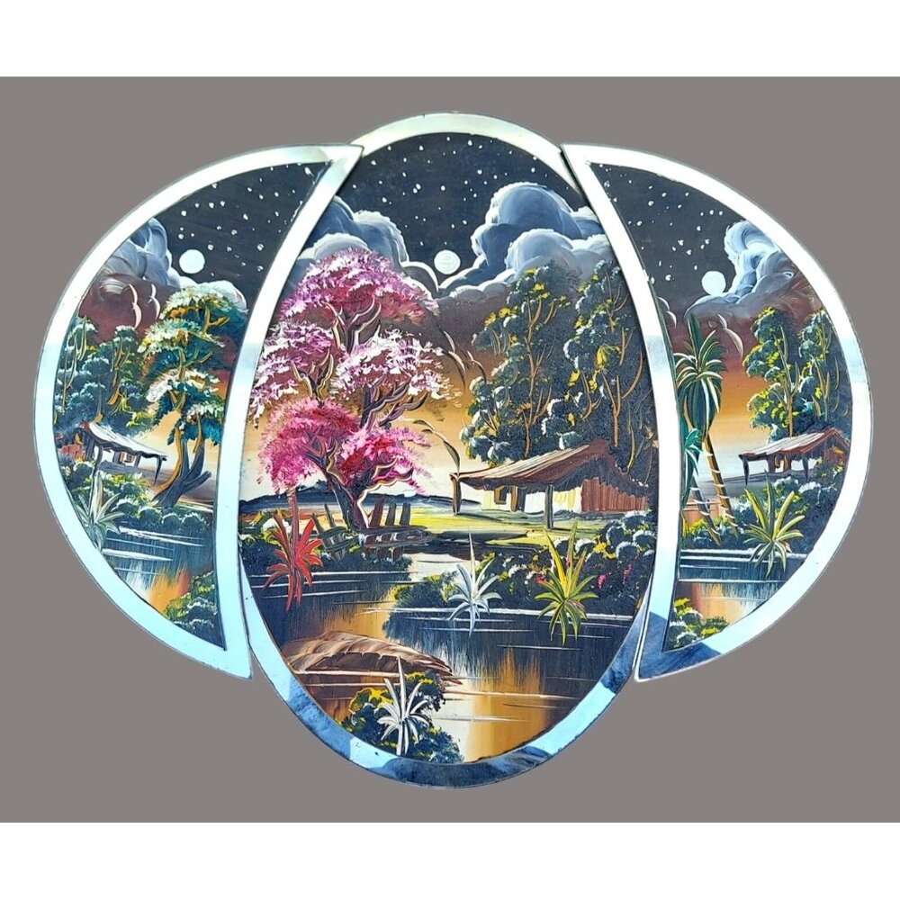 Vintage Vietnamese Lacquer Three Piece Triptych Paintings D20 H